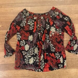 Notations black red pleated long sleeve blouse shirt top size medium M
 b50